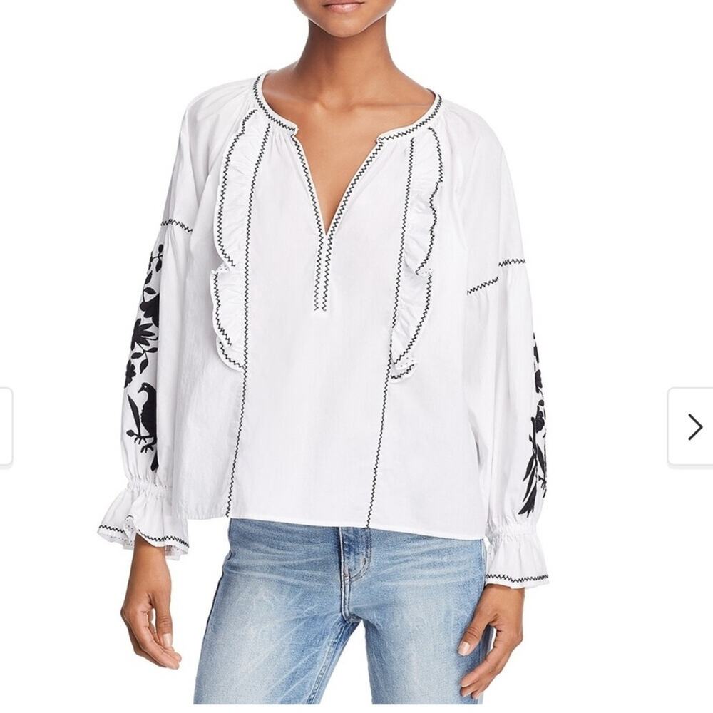 Joie Cleavanta Embroidered Peasant Blouse in Clean White Caviar, XS